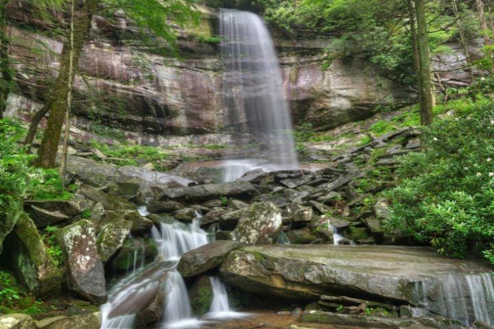 Rainbow Falls, located in Great Smoky Mountains National Park, is an 80-foot waterfall that gets its name from the rainbows that often appear in its mist on sunny afternoons.